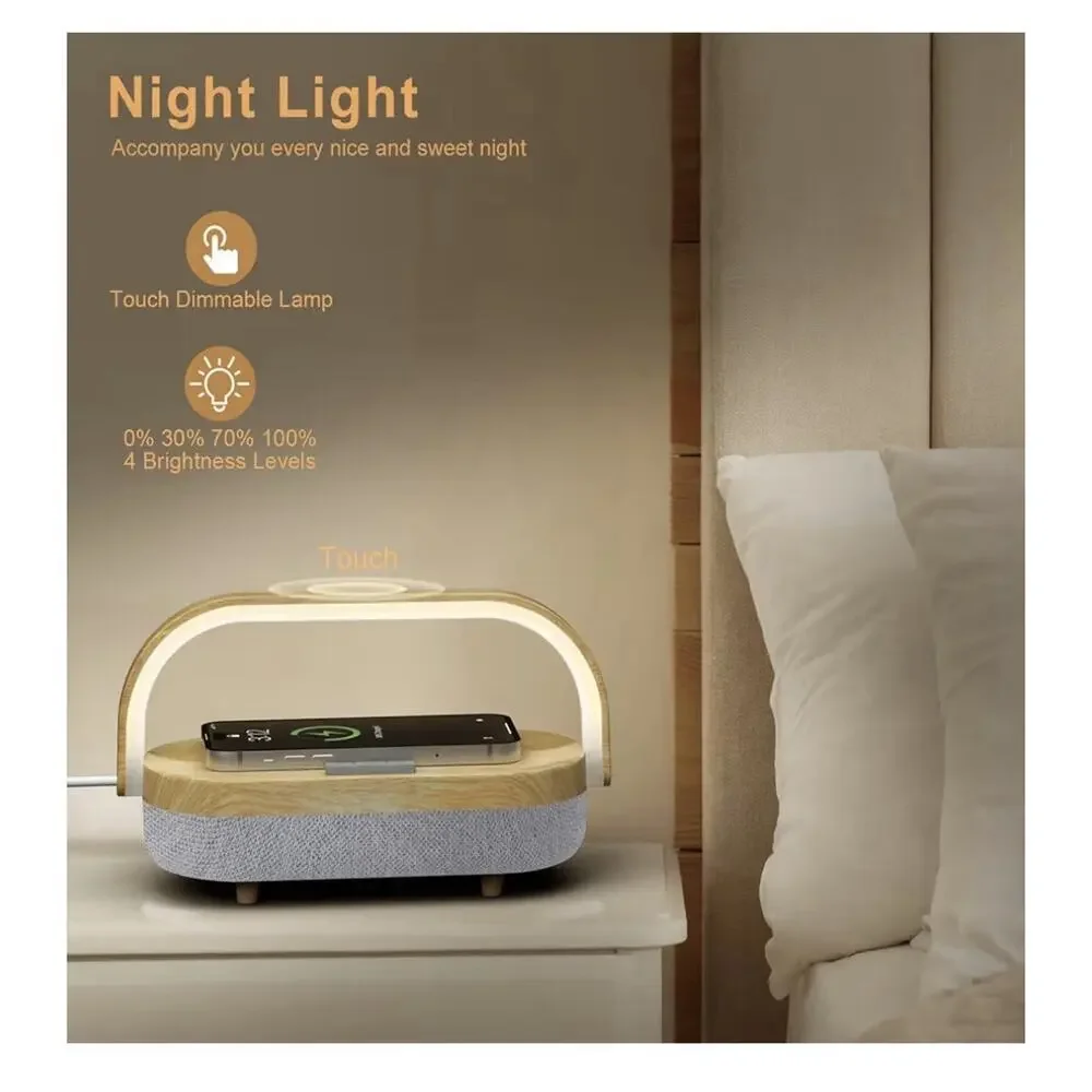 Nightstand Lamp with Wireless, Portable Phone Holder Charger Bluetooth Speaker